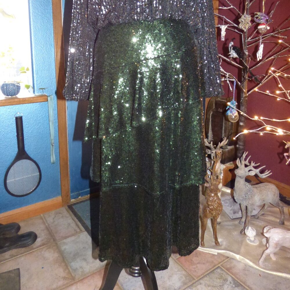 LISTICLE GOTH WEDDING HOLIDAY PARTY FOREST GREEN SEQUIN LONG A-LINE SKIRT L